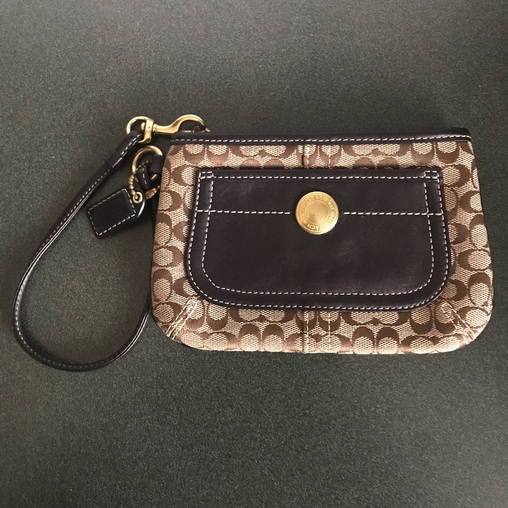 Coach Brown Canvas Leather Sig C Corner Zip Wristlet Mini Pouch